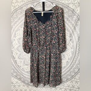 Tacera Navy Floral Long Sleeve Midi Dress
